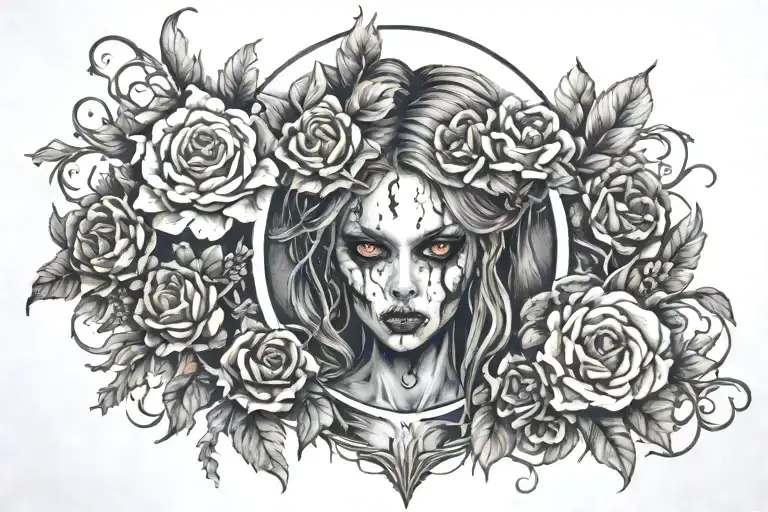 centered female zombie surrounded by symmetrical florals black ink tattoo design idea