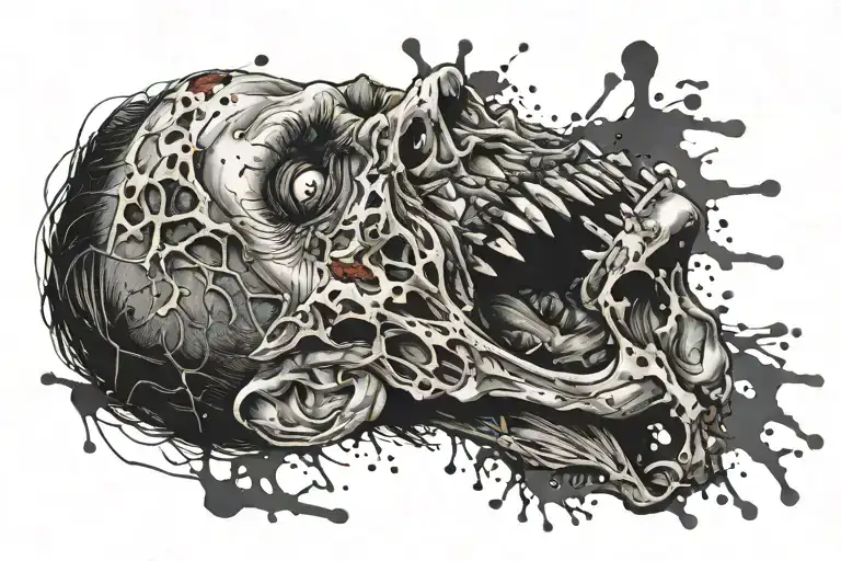 zombie and blood spatter black ink tattoo design idea