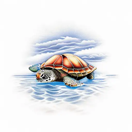 A realistic depiction of a sunset over the ocean with a turtle emerging from the water tattoo design idea