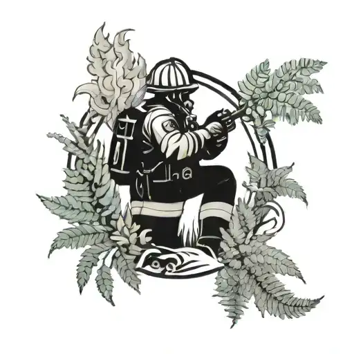 A blackwork tattoo of a firefighter battling a blaze in the wilderness, with ferns and flowers in the foreground and smoke swirling around them tattoo design idea