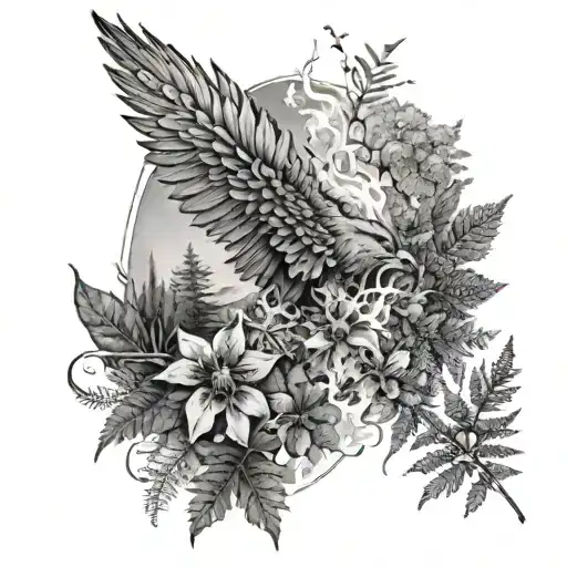 A realistic black and grey tattoo of a majestic wildfire spreading through a forest of ferns and flowers, with smoke billowing in the background tattoo design idea