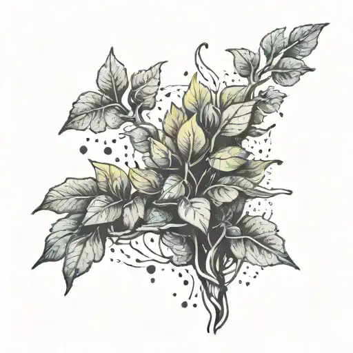 A tattoo design of a plant growing out of a climbing wall with leaves floating around it tattoo design idea