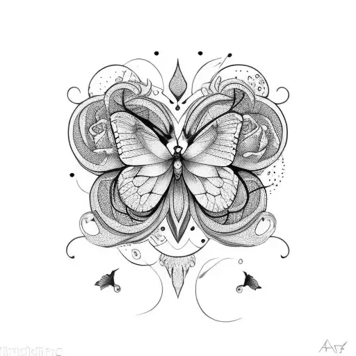 borboleta com rosa e ramos  tattoo design idea