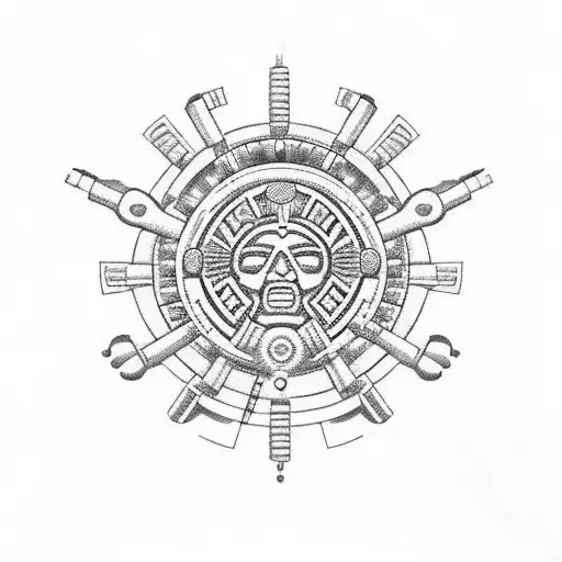 Combine elements of gun shooting and the Aztec calendar in a unique design tattoo design idea