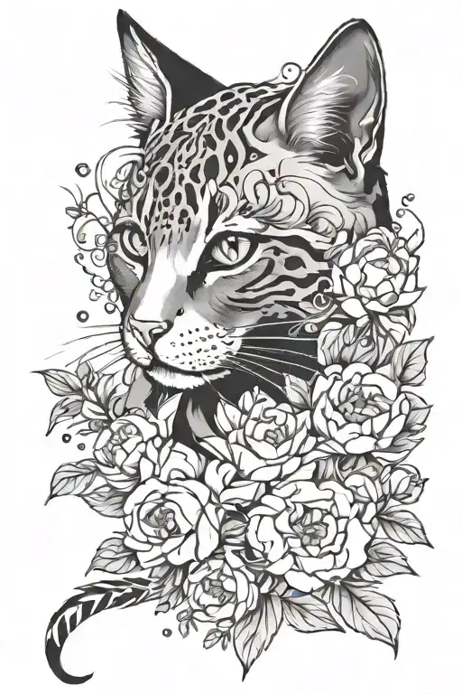 Cat with ornament and peony trash polka style tattoo design idea