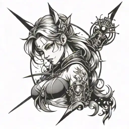 A black-grey tattoo of a powerful anime warrior woman with starry eyes and intricate shading details tattoo design idea