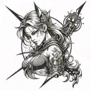 A black-grey tattoo of a powerful anime warrior woman with starry eyes and intricate shading details tattoo design idea