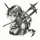 A black-grey tattoo of a powerful anime warrior woman with starry eyes and intricate shading details tattoo design idea