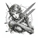 A black-grey tattoo of a powerful anime warrior woman with starry eyes and intricate shading details tattoo design idea