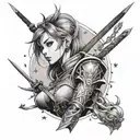 A black-grey tattoo of a powerful anime warrior woman with starry eyes and intricate shading details tattoo design idea
