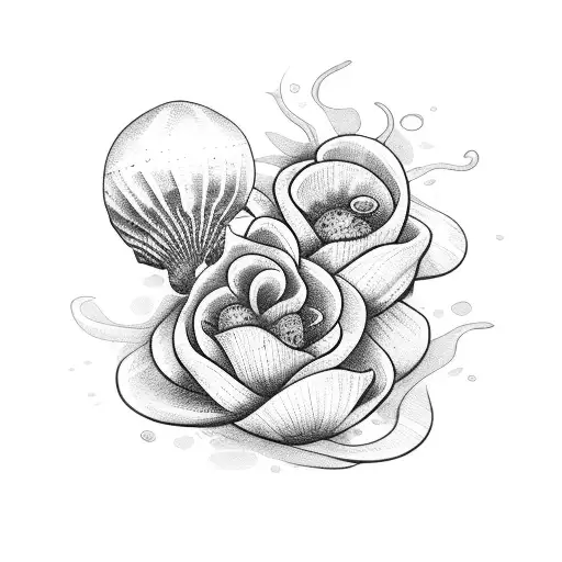 flowers growing out of a sea shell tattoo design idea