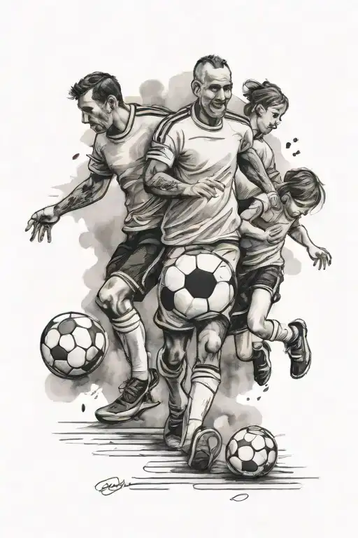 A tattoo of a father and his daughters playing soccer together, with a Hebrew quote about family tattoo design idea