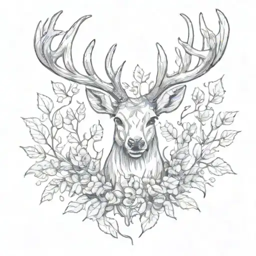 Deer antlers red deer with oak leafs under tattoo design idea
