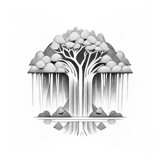 jungle trees and waterfalls tattoo design idea