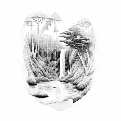 jungle trees and waterfalls tattoo design idea