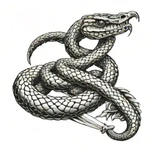 A fierce snake wrapped around a pair of crossed swords tattoo design idea