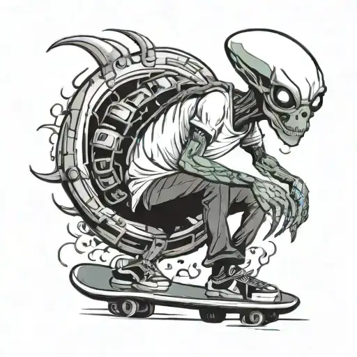 Alien with a white T-shirt, skateboard saggy pants tattoo design idea