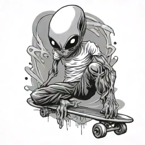 Alien with a white T-shirt, skateboard saggy pants tattoo design idea