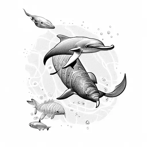 An intricate scuba diver exploring the depths of the ocean surrounded by playful dolphins tattoo design idea