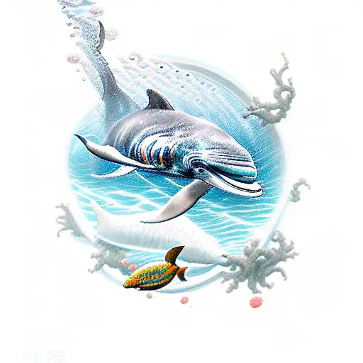 An intricate scuba diver exploring the depths of the ocean surrounded by playful dolphins tattoo design idea