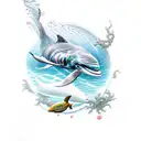 An intricate scuba diver exploring the depths of the ocean surrounded by playful dolphins tattoo design idea