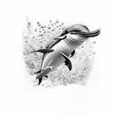 An intricate scuba diver exploring the depths of the ocean surrounded by playful dolphins tattoo design idea