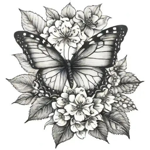 Half butterfly half hydrangea tattoo design idea