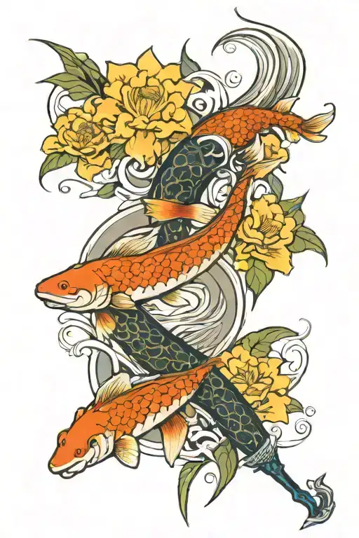 Celtic band, stag walking, koi fish swimming, sword from lord of the rings, lillies (flowers), waves crashing. tattoo design idea