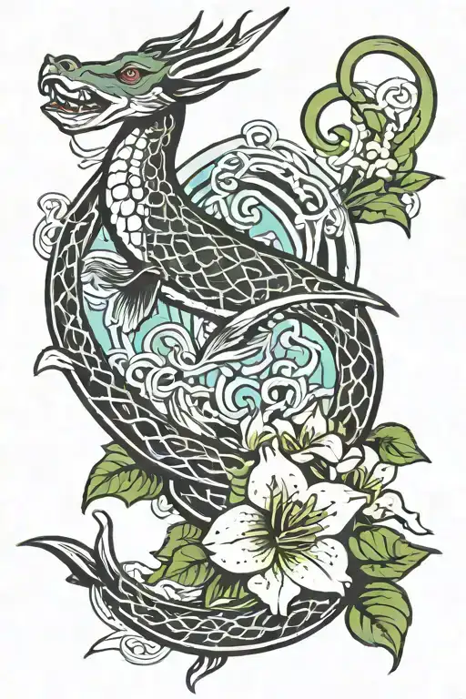 Celtic band, stag walking, koi fish swimming, sword from lord of the rings, lillies (flowers), waves crashing. tattoo design idea