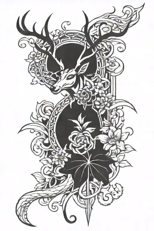 Celtic band, stag walking, koi fish swimming, sword from lord of the rings, lillies (flowers), waves crashing. tattoo design idea