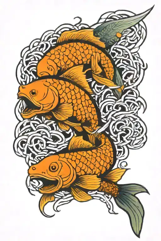 Celtic band, koi fish swimming, anduril sword, flames  tattoo design idea