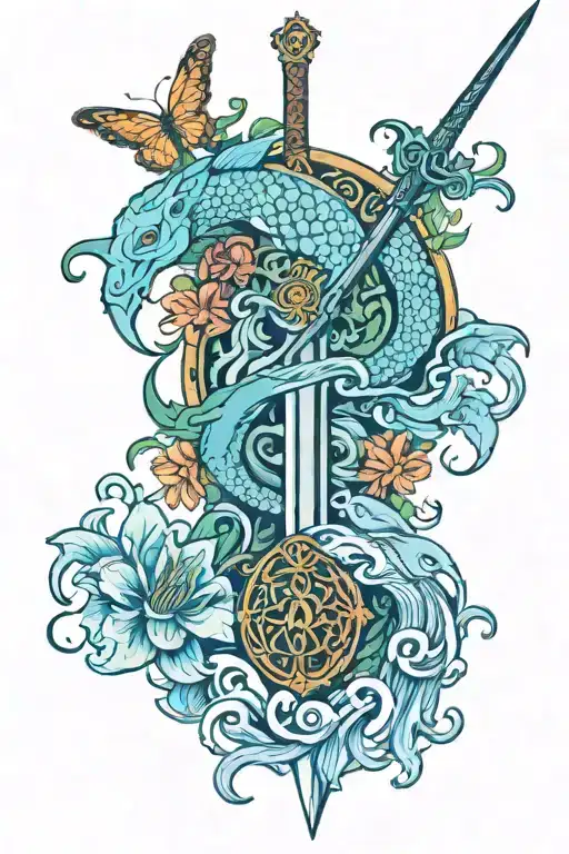 Celtic band, stag walking, koi fish swimming, sword from lord of the rings, lillies (flowers), waves crashing. tattoo design idea
