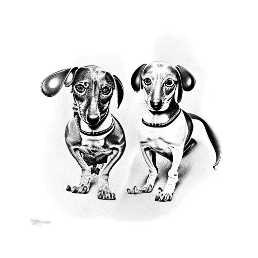 a pair of Salvador Dali style dachshunds one chocolate and tan dape and one white, and black spotted silver dapple tattoo design idea