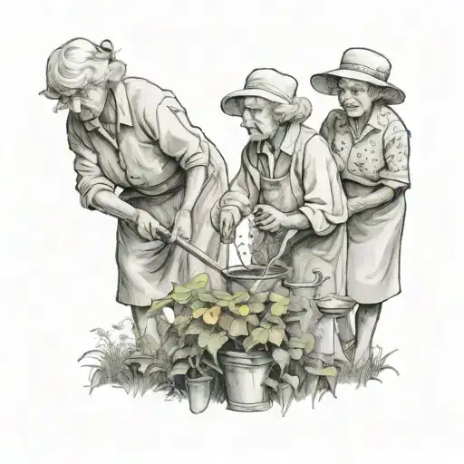 two elderly woman with one of the them watering a seed in a garden   tattoo design idea