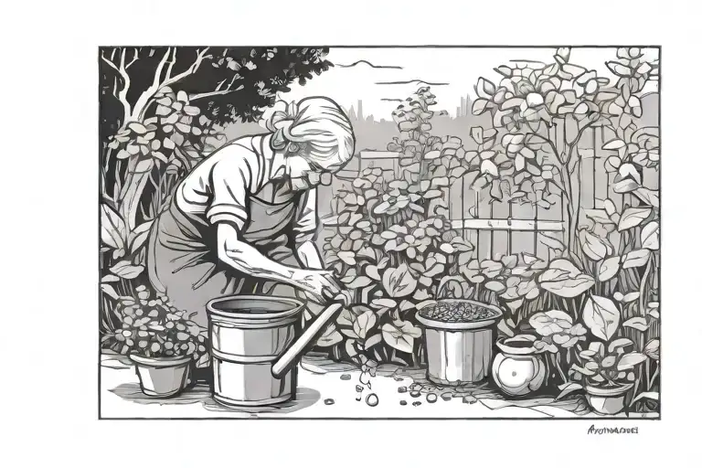 one romanian elderly woman with one of the them watering a seed in a garden   tattoo design idea