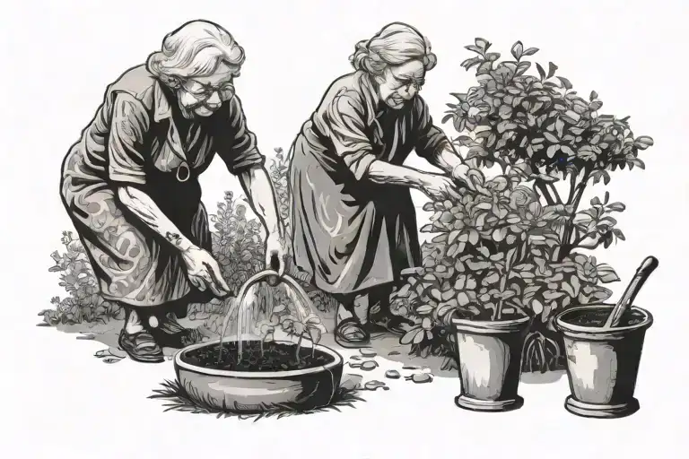one elderly woman with one of the them watering a seed in a garden   tattoo design idea