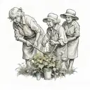 two elderly woman with one of the them watering a seed in a garden   tattoo design idea