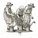 two elderly woman with one of the them watering a seed in a garden   tattoo design idea