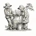 two elderly woman with one of the them watering a seed in a garden   tattoo design idea