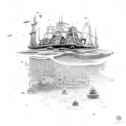 Mergulhador exploring a sunken ship filled with game consoles tattoo design idea