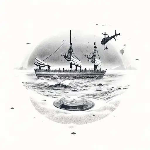 Mergulhador exploring a sunken ship filled with game consoles tattoo design idea