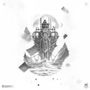 Mergulhador exploring a sunken ship filled with game consoles tattoo design idea