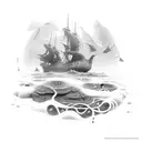 Mergulhador exploring a sunken ship filled with game consoles tattoo design idea