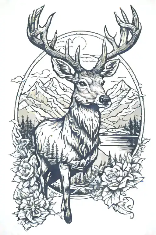 deer and mountains in a boheimian style tattoo tattoo design idea