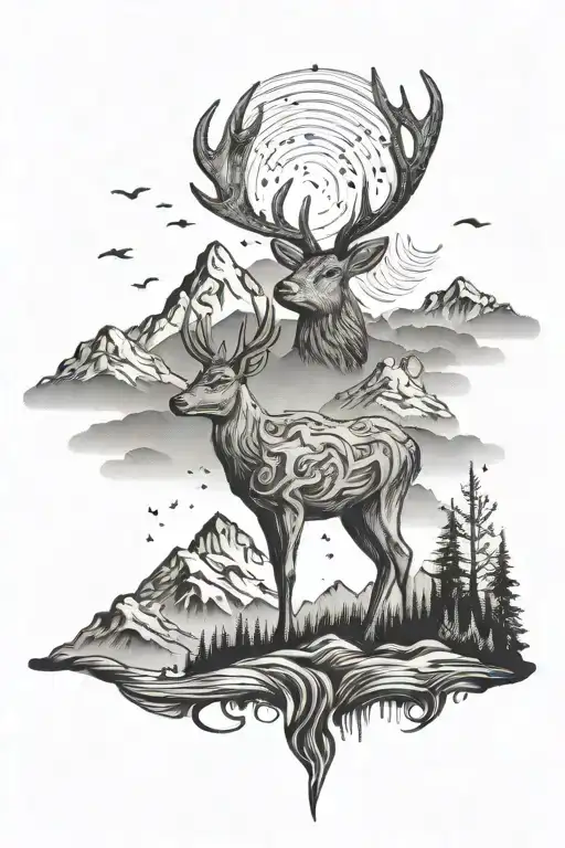 A deer with antlers made of musical notes, set against a backdrop of towering mountains, combining the client's favorite things in a creative design tattoo design idea