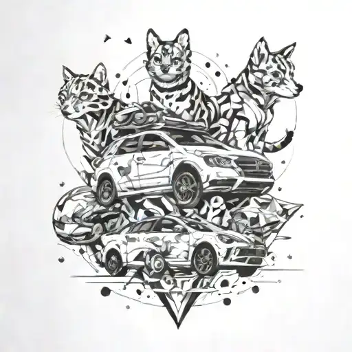 A dotwork tattoo featuring a mix of cars, dogs, cats, and Pokémon in a unique and abstract composition inspired by Sorayama's artwork tattoo design idea