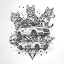 A dotwork tattoo featuring a mix of cars, dogs, cats, and Pokémon in a unique and abstract composition inspired by Sorayama's artwork tattoo design idea