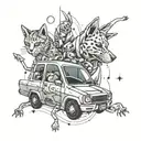 A dotwork tattoo featuring a mix of cars, dogs, cats, and Pokémon in a unique and abstract composition inspired by Sorayama's artwork tattoo design idea