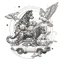 A dotwork tattoo featuring a mix of cars, dogs, cats, and Pokémon in a unique and abstract composition inspired by Sorayama's artwork tattoo design idea