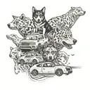 A dotwork tattoo featuring a mix of cars, dogs, cats, and Pokémon in a unique and abstract composition inspired by Sorayama's artwork tattoo design idea